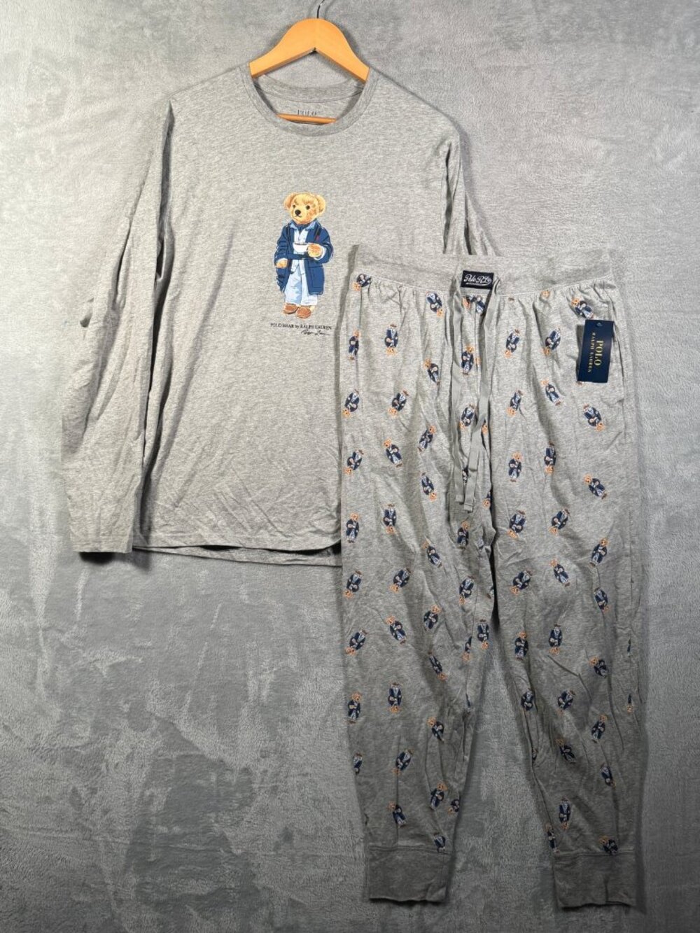 Polo Ralph Lauren Pajama Set Mens M Gray Polo Bear Long Sleeve Pants $98.50